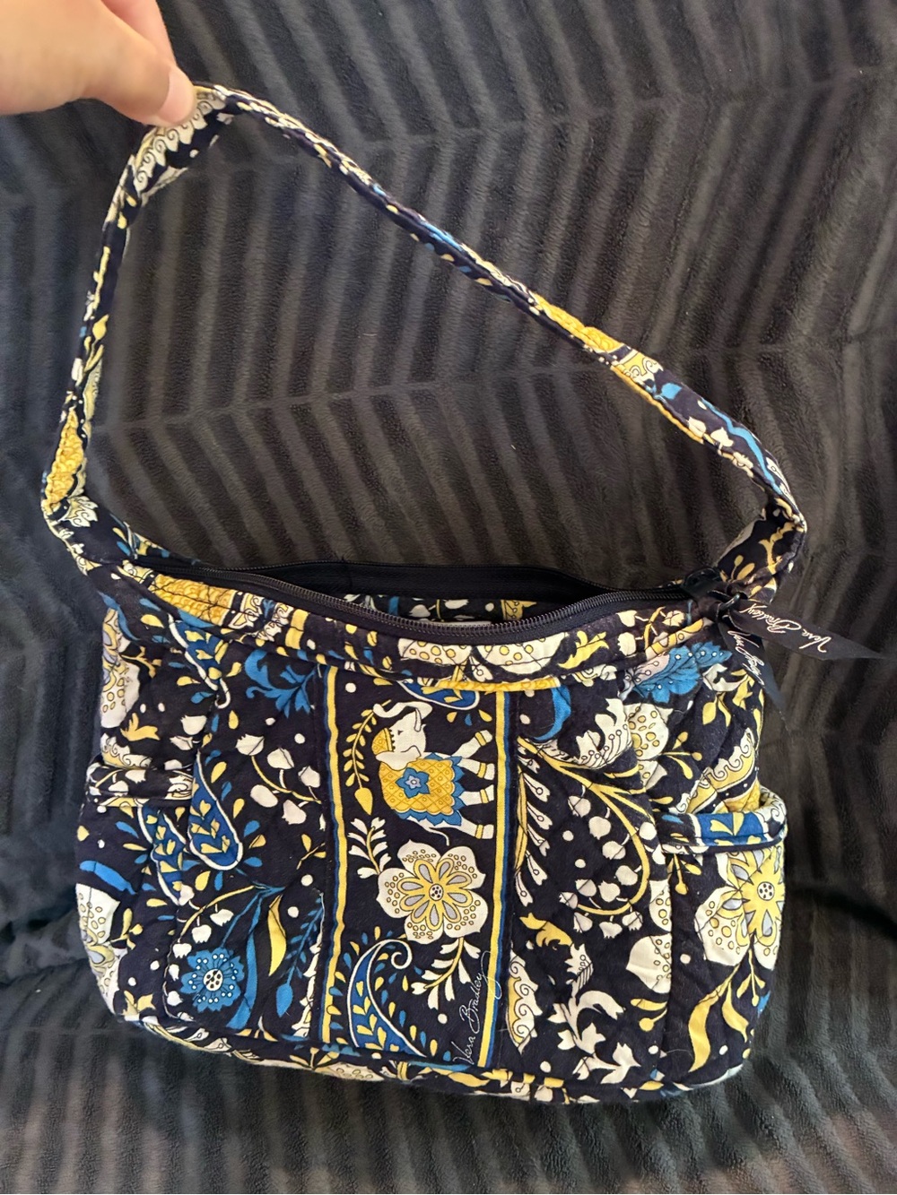Retired Ellie Blue Vera Bradley Navy, Yellow & Blue Floral Quilted Shoulder Bag